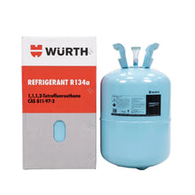 A light blue refrigerant canister next to its white and orange Würth retail box, labeled 'Refrigerant R134a'.