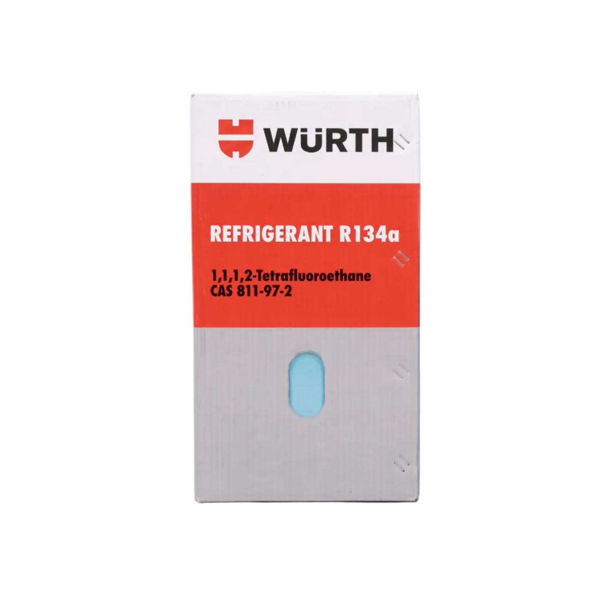 Würth Refrigerant R134a 1,1,1,2-Tetrafluoroethane packaging box, featuring a white top section with the red and black Würth logo, a red middle band with product text, and a gray bottom section with a light blue oval cutout.